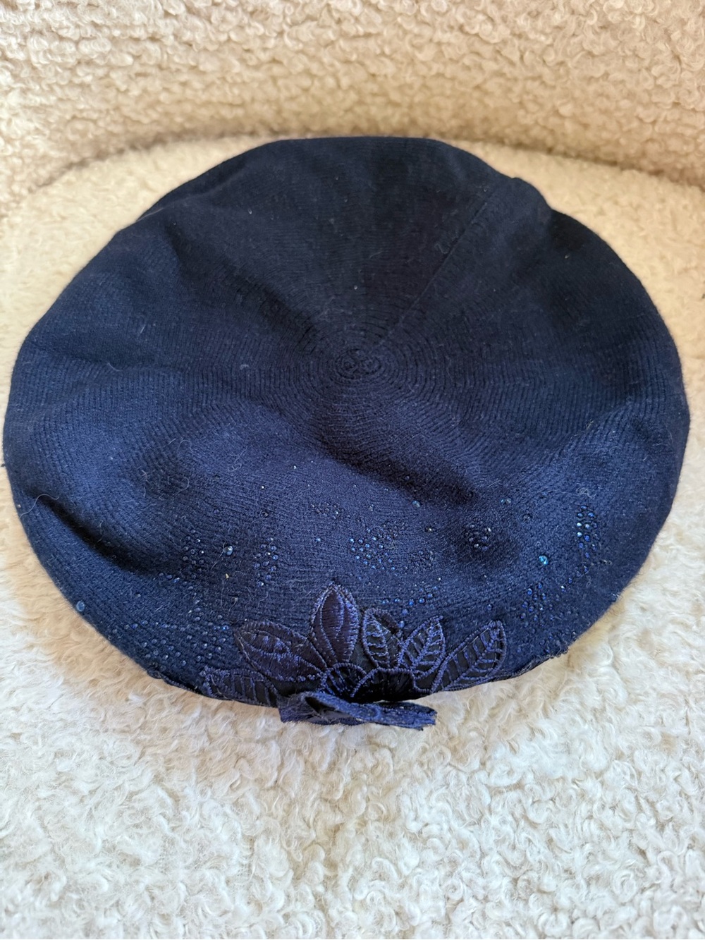 3/$20. Women's Navy Embellished Beret with Leaf Accent